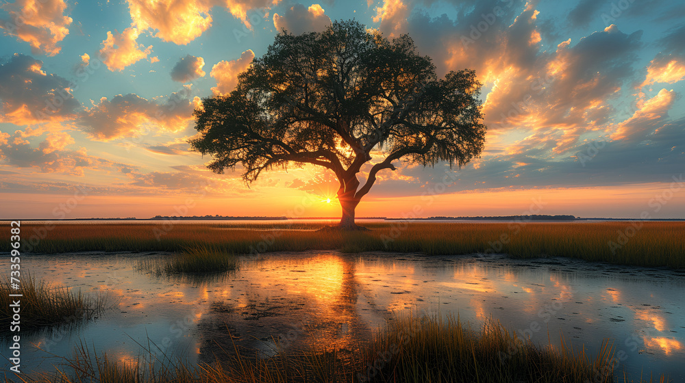 Fototapeta premium Tree - marsh - coast - golden hour - sunset - inspired by the scenery of Charleston South Carolina
