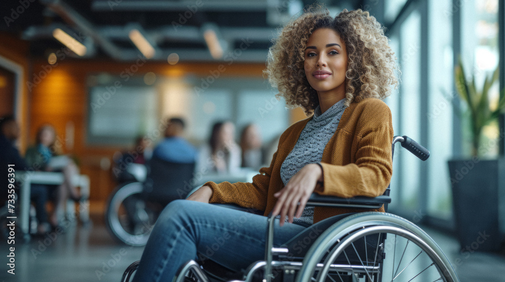 onfident individual in a wheelchair presenting to a diverse group of colleagues in a modern, well-lit conference room, showcasing leadership and accessibility in the workplace. onfident individual in a wheelchair presenting to a diverse group of colleagues in a modern, well-lit conference room, showcasing leadership and accessibility in the workplace.