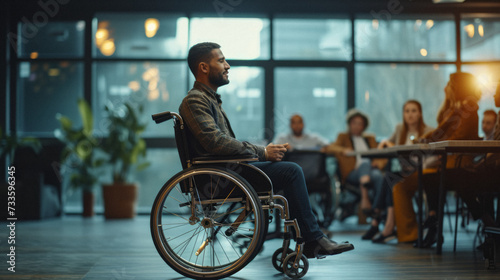 onfident individual in a wheelchair presenting to a diverse group of colleagues in a modern, well-lit conference room, showcasing leadership and accessibility in the workplace. photo