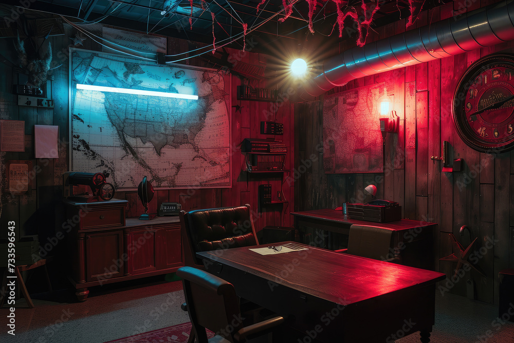 Mysterious Vintage Office with World Map and Moody Lighting
