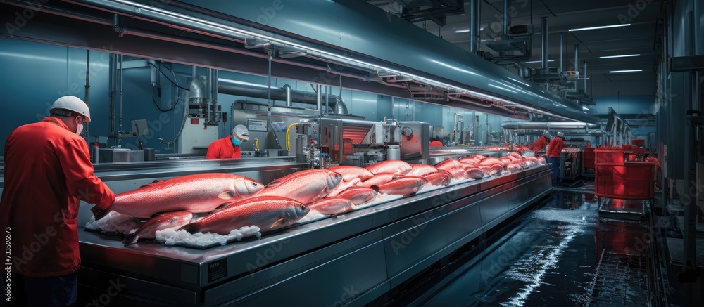 portrait of salmon fish factory, processing line, seafood industry portrait of salmon fish factory, processing line, seafood industry
