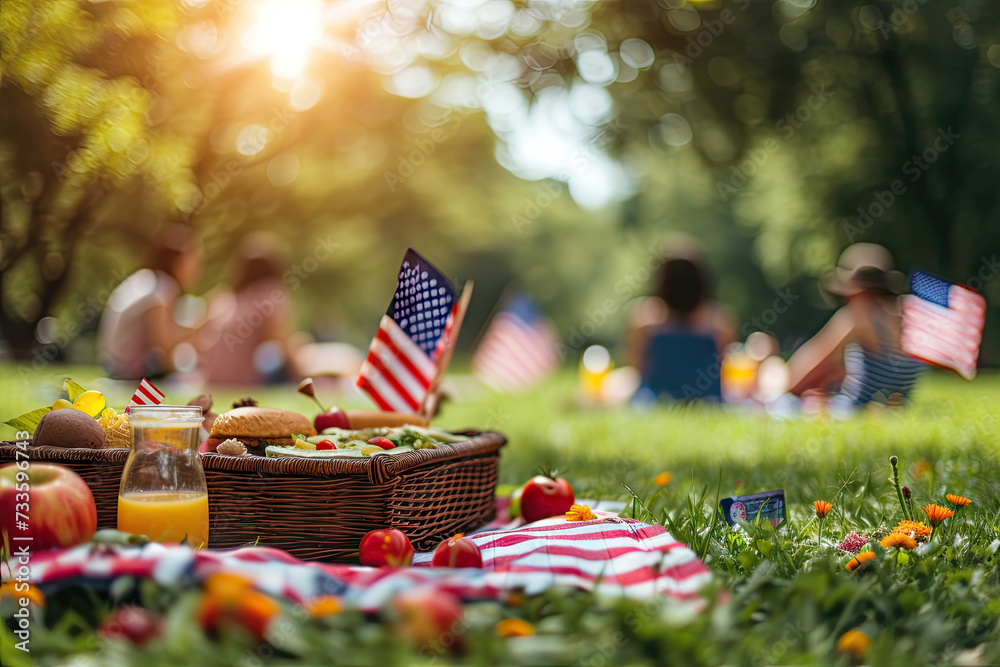  Idyllic American Summer Picnic with Friends, Flag, and Traditional Treats in the Park - obrazy, fototapety, plakaty 