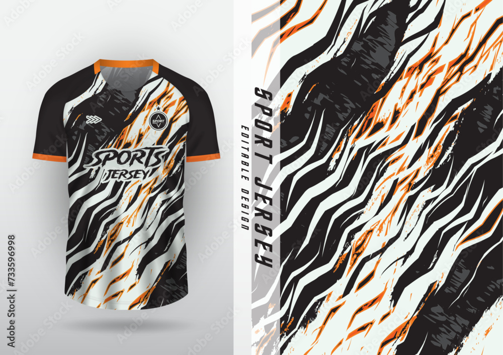 Jersey design, outdoor sports, jersey, football, futsal, running, racing, exercise, zebra brush pattern. Black, white and yellow trim.