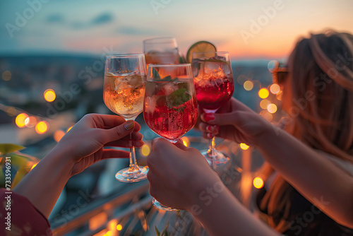  Friends Toasting with Refreshing Summer Drinks at Rooftop Party at Sunset
