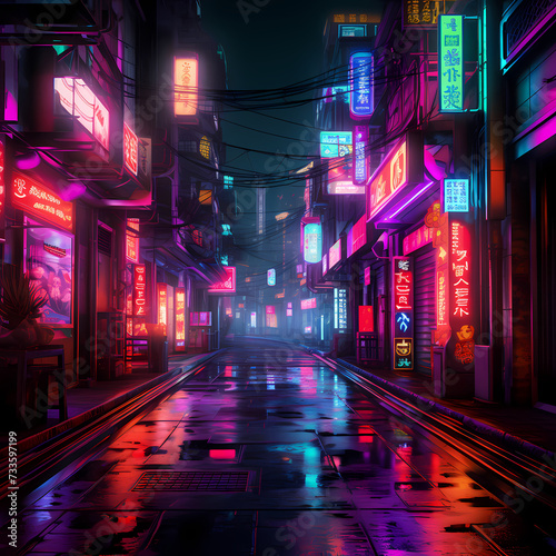 Neon-lit alleyway in a cyberpunk city.