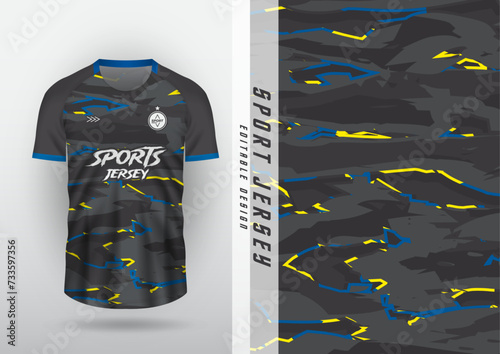 Jersey design, outdoor sports, jersey, football, futsal, running, racing, exercise, black pattern and yellow and blue stripes.