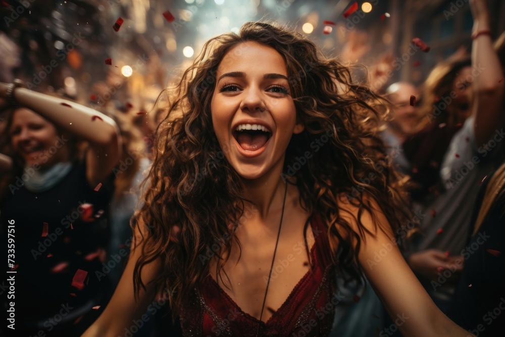 Fototapeta premium Exuberant Young Woman Among Confetti