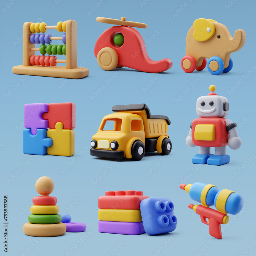Obraz premium Collection 3d icons of kid toy, Child and education concept