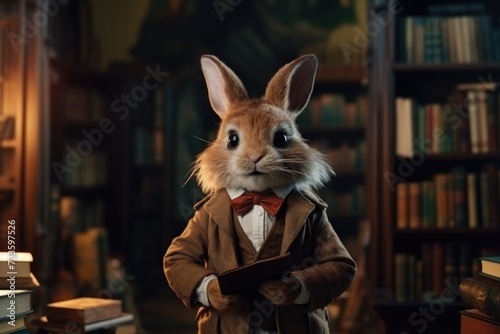 Anthropomorphic rabbit with a book. Digital art portrait in a vintage library.