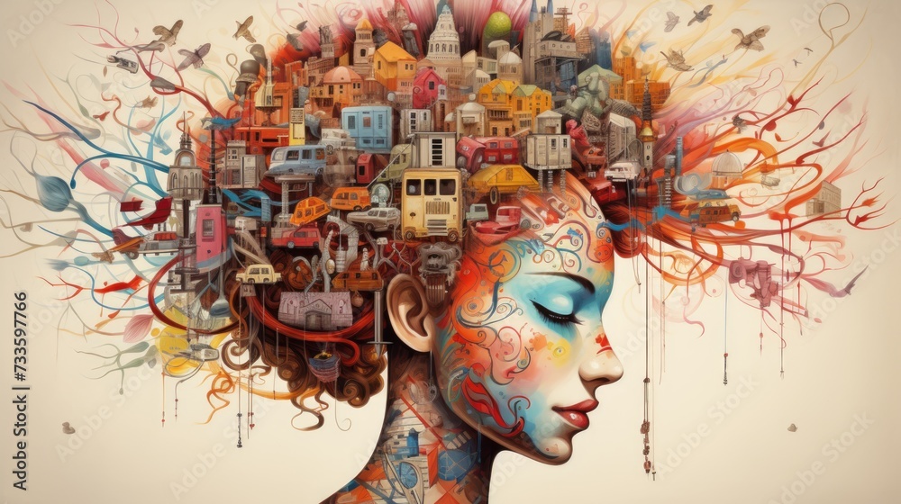 Surreal digital artwork of a woman with cityscape mind.