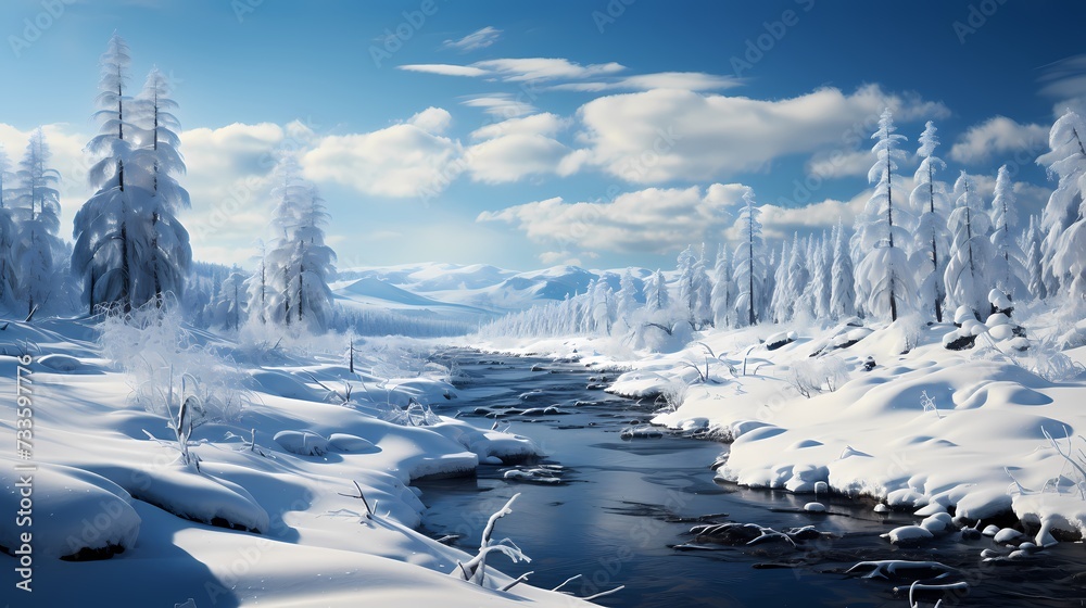 A panoramic view of a winter scene, with snow-covered trees and a soft layer of snow on the ground. The HD camera captures the breathtaking beauty of the snowfall, creating a mind-blowing visual