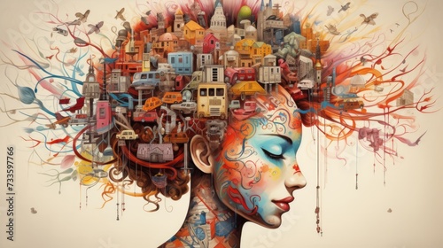 Surreal digital artwork of a woman with cityscape mind.
