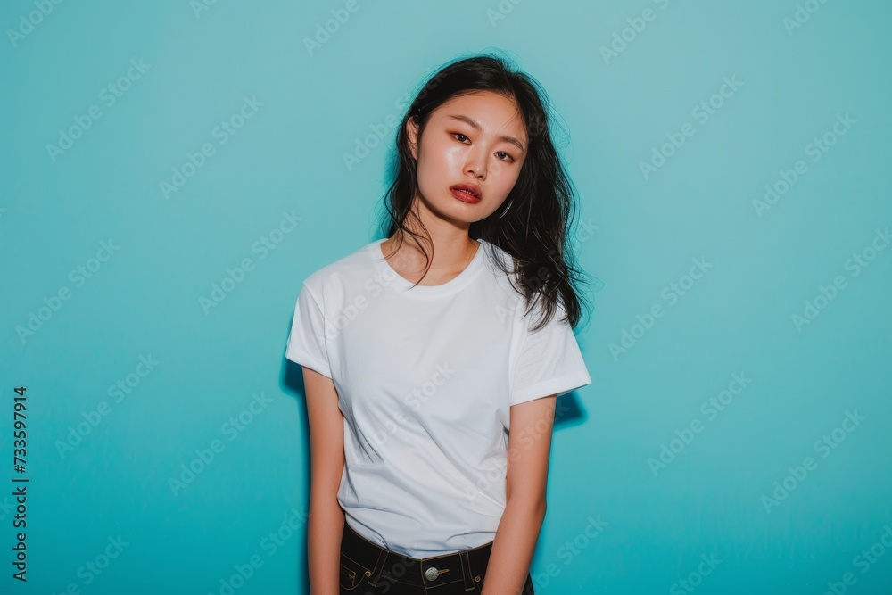 Studio shot of a young Asian woman with blank white t-shirt. T-shirt mockup design Studio shot of a young Asian woman with blank white t-shirt. T-shirt mockup design
