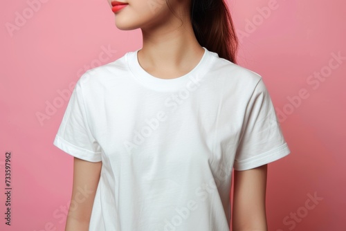 Studio shot of a young Asian woman with blank white t-shirt. T-shirt mockup design