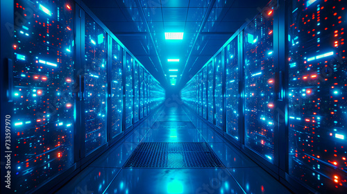 A futuristic data center with rows of glowing blue server racks, symbolizing modern data processing and high-tech computing. generative ai
