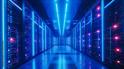 A futuristic data center with rows of glowing blue server racks, symbolizing modern data processing and high-tech computing. generative ai