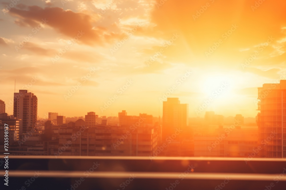 Summer sun blurs golden hour hot sky at sunset with a city rooftop view in the background, Ai generated