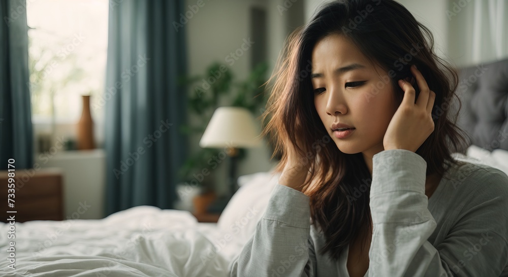 Young asian woman with morning headache, in bedroom, holding head