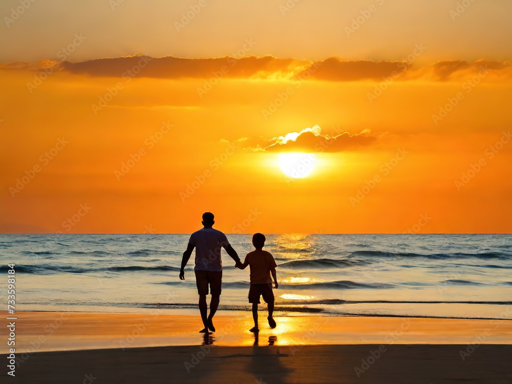 father and son running on the beach at beautiful sunset. family vacation concept