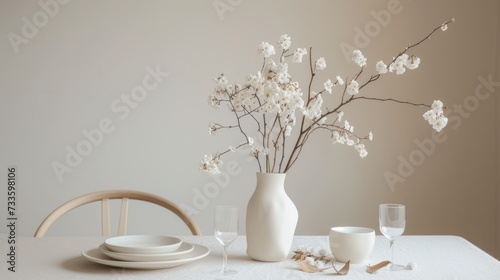 Blooming Branches in White Vase on Table