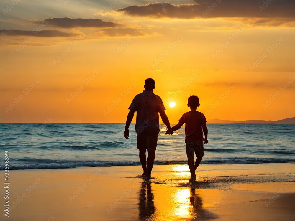 Father and son walking on the beach at sunset. Concept of friendly family.