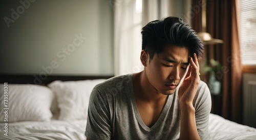 Young asian man with morning headache, in bedroom, holding head photo