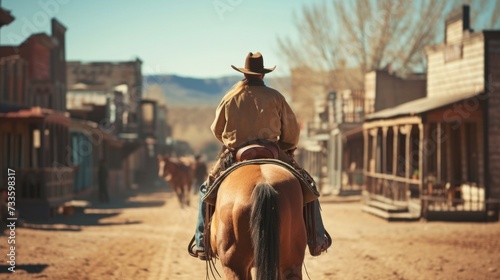 Lone Cowboy Riding Horse on a Dusty Western Town Road, western movie concept