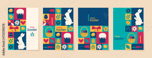 Geometric colorful set of greeting cards for Happy Easter. Trendy minimalistic illustration. Collection of holiday icons. Website decoration, graphic elements. Holiday covers, posters, banners