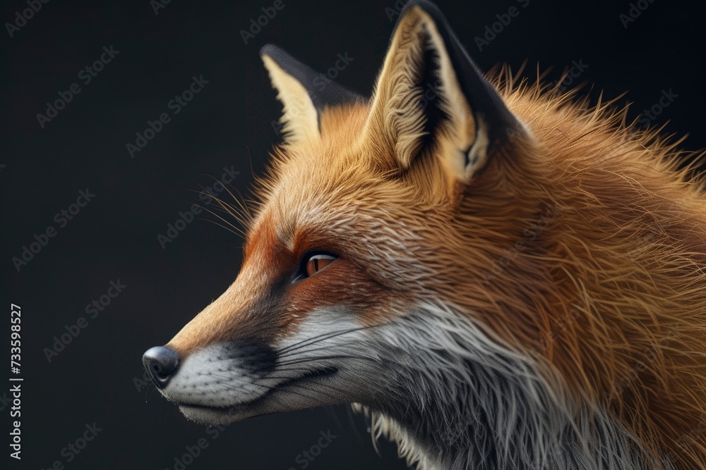Fox profile portrait on black background - generative ai