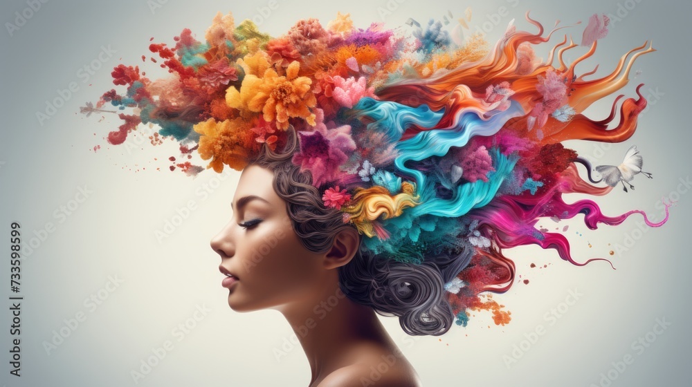 Colorful Creative Concept of Female Profile with Flowing Hair Art Colorful Creative Concept of Female Profile with Flowing Hair Art