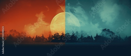 Abstract Diptych of Moonrise over Pine Forest in Warm-Cool Tones