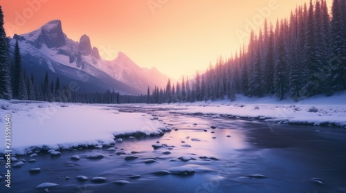 Winter sunrise in a snowy mountain landscape.