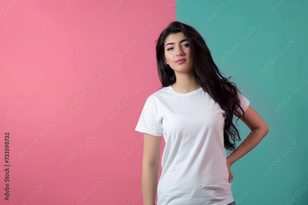 Studio shot of a young Middle Eastern woman with blank white t-shirt. T-shirt mockup design Studio shot of a young Middle Eastern woman with blank white t-shirt. T-shirt mockup design