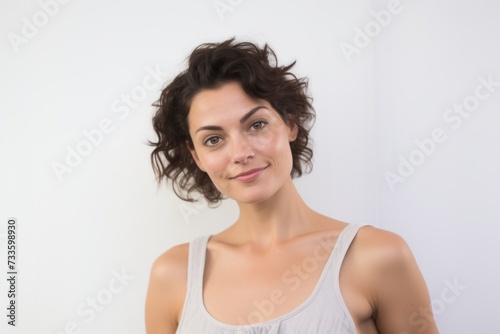 Portrait of a beautiful young woman with curly hair on a white background