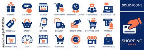 Shopping icon set. Collection of price tag, credit card, supermarket and more. Vector illustration. Easily changes to any color. photo