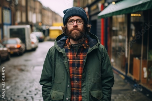 young handsome bearded hipster man with glasses and coat in the city