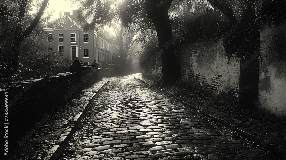 Naklejka premium Tree-lined road - path - sunset - stylish and mysterious - black and white photograph - inspired by the scenery of Charleston South Carolina 
