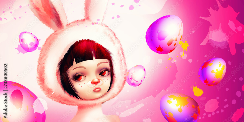 Fototapeta premium The concept of celebrating Easter in a fashionable style. A beautiful young girl dressed as a rabbit with Easter painted eggs against an abstract coloured festive background.