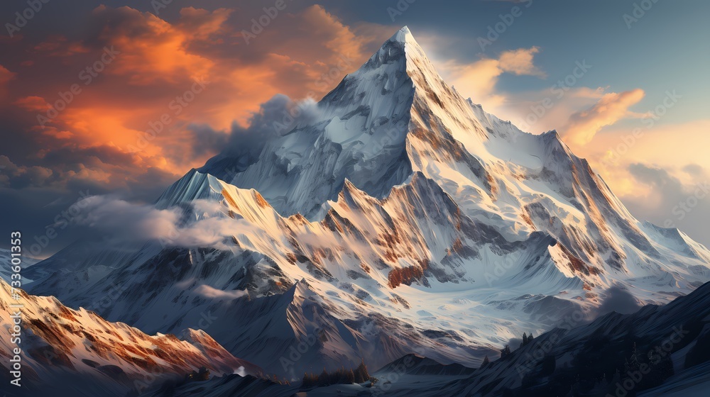 A snow-covered mountain peak illuminated by the first light of dawn, casting a warm glow on the surrounding winter landscape