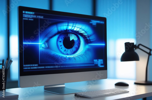 Computer Monitor with Blue Neon Eye on the Screen standing in the Modern Office or Clinic. Ophthalmology Creative Concept Idea. Technology. Biometric Eyes Scan. Eyesight correction. Retinal Diagnostic photo