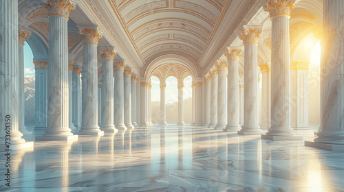 Interior of the empty hall with pillars, marble floor and sunlight. Created with Ai photo