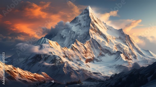A snow-covered mountain peak illuminated by the first light of dawn, casting a warm glow on the surrounding winter landscape