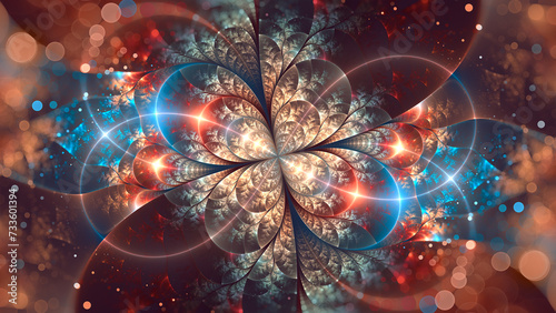 Abstract fractal art background. Floral petals and light trails creating an infinity symbol. With bokeh sparkles. photo