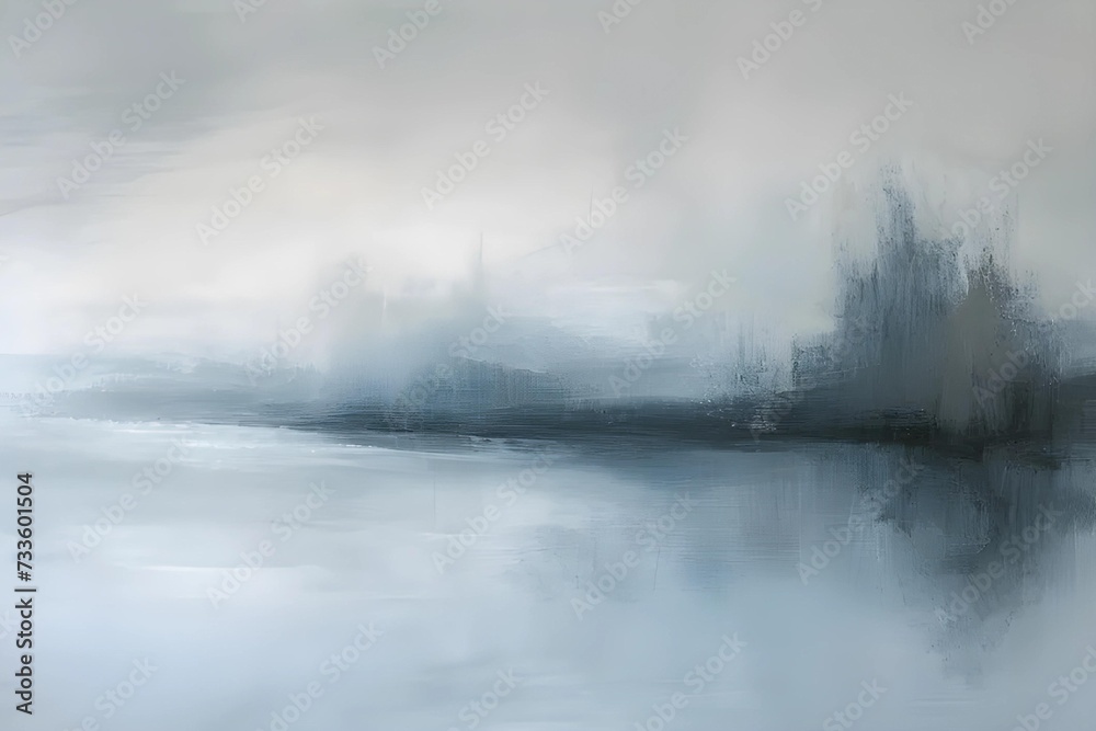 Ethereal abstract art captures essence of misty morning, blending soft greys and blues with delicate, wispy forms.