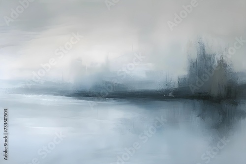 Ethereal abstract art captures essence of misty morning, blending soft greys and blues with delicate, wispy forms. © JewJew