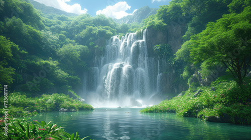 Secluded Rainforest Waterfall in Bright Sunlight