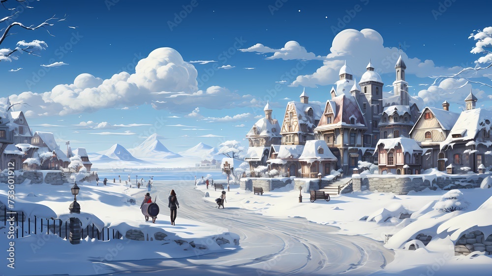 A vast snowy field with untouched powder, where a group of friends is building a charming snowman beneath a sky filled with delicate snowflakes