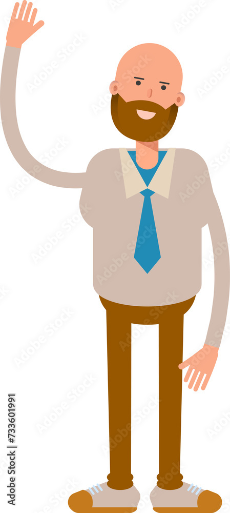 Bald Businessman Character Raising One Hand
