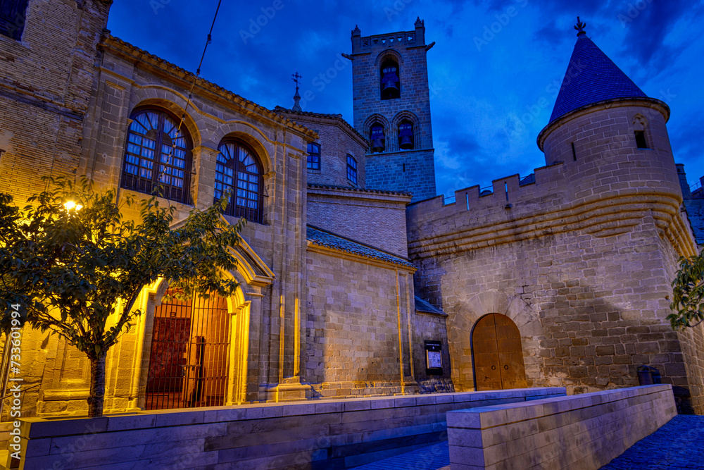 lever du jour vu sur palais royale et château centre ville d'Olite aux heures bleus dans le pays de Navarre en Espagne