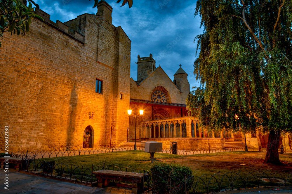lever du jour vu sur l'Église de Santa María la Realle centre ville d'Olite aux heures bleus dans le pays de Navarre en Espagne